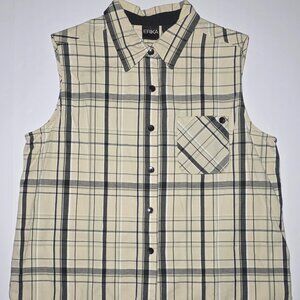 Erika Womens Beige and Black Plaid Button Up Sleeveless Top Size Large